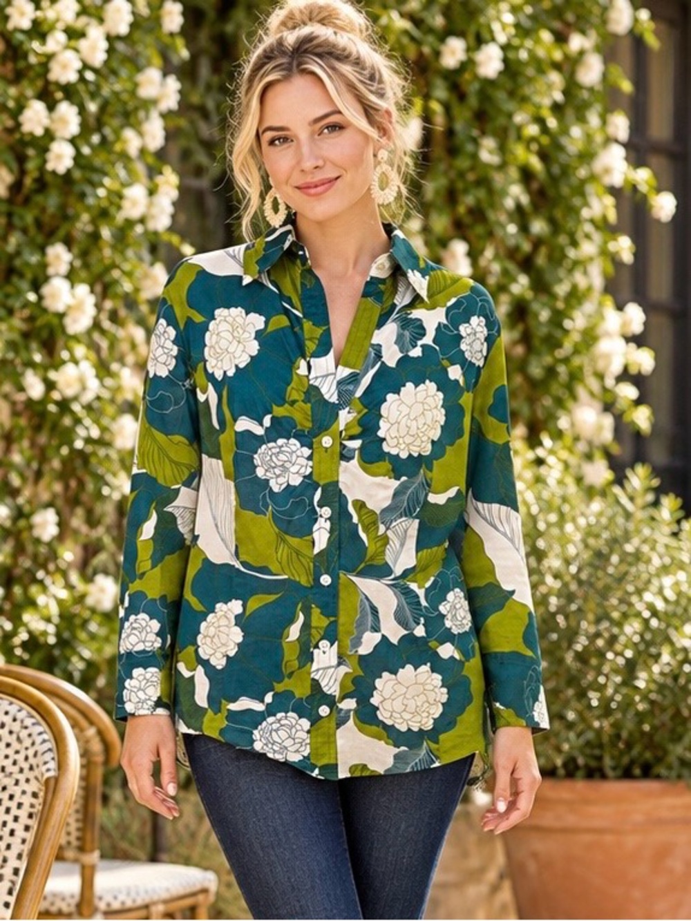 Ann Taylor Floral Button Front Shirt Size 14 Teal Olive 100% Cotton